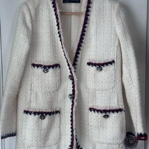 Zara White Tweed Blazer with Black and Red Trim